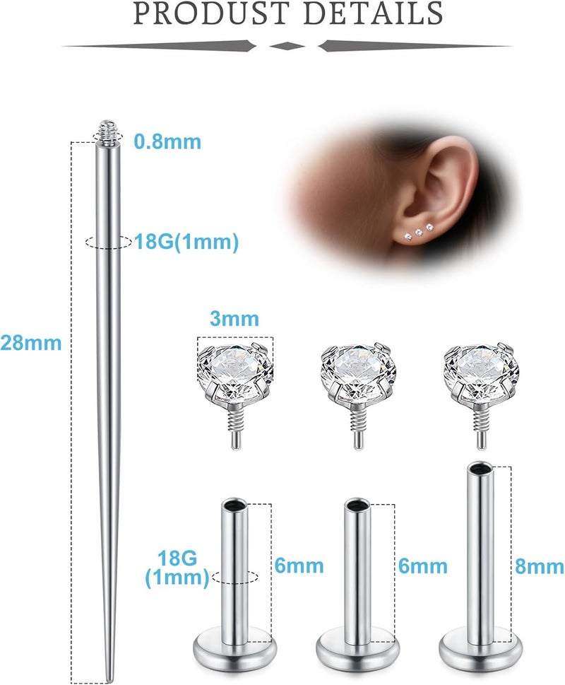 QWALIT Titanium Flat Back Helix Cartilage Earring Horseshoe Nose Ring Piercing Taper Threadless Jewelry Changing Tool Internal Threaded Piercing Taper Insertion Threader Tool Labret Jewelry Lip Studs - Image 1